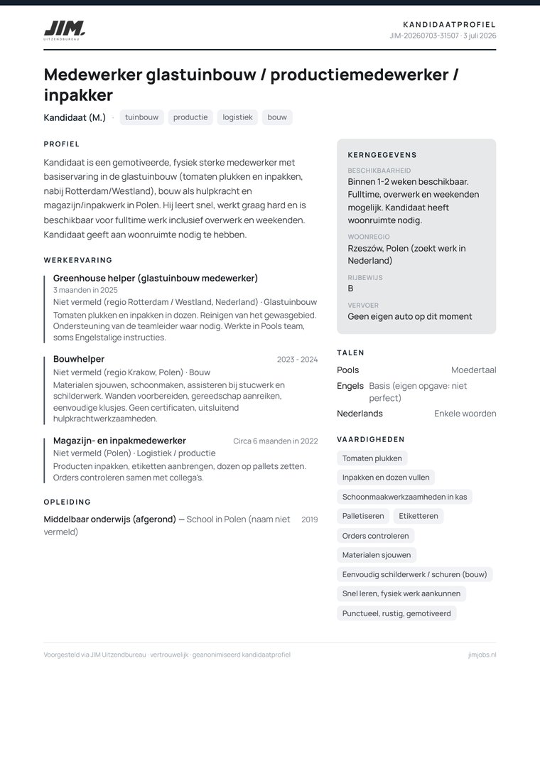 Eerste pagina van het gegenereerde kandidaatprofiel in JimJobs-stijl