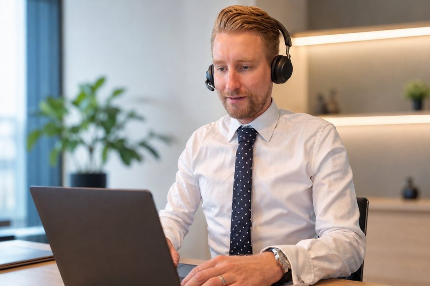 Koen aan het werk met laptop en headset